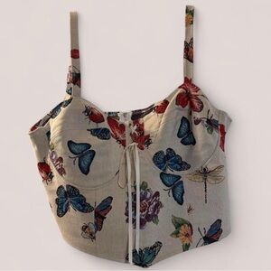 Cider Cream Floral & Butterfly Lace-Up Corset Crop Tank